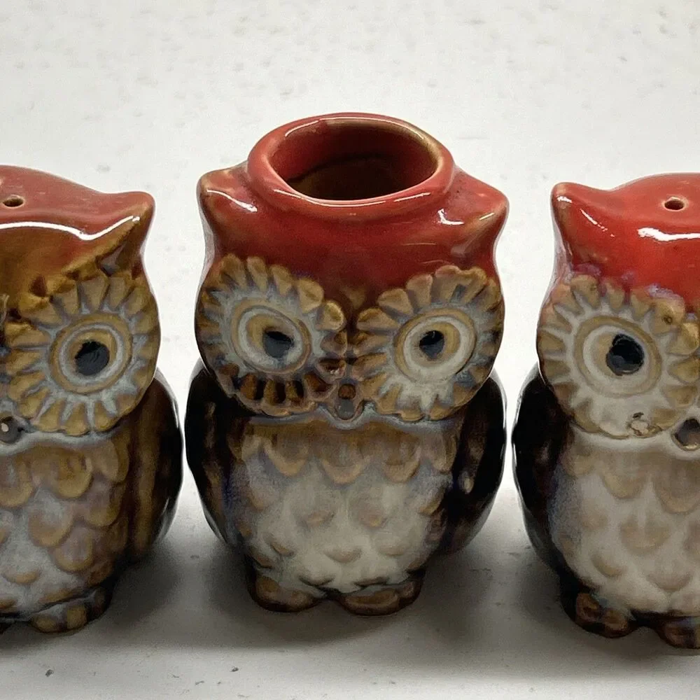 Vintage‎ Owl Salt & Pepper Stackers With Toothpick Holder